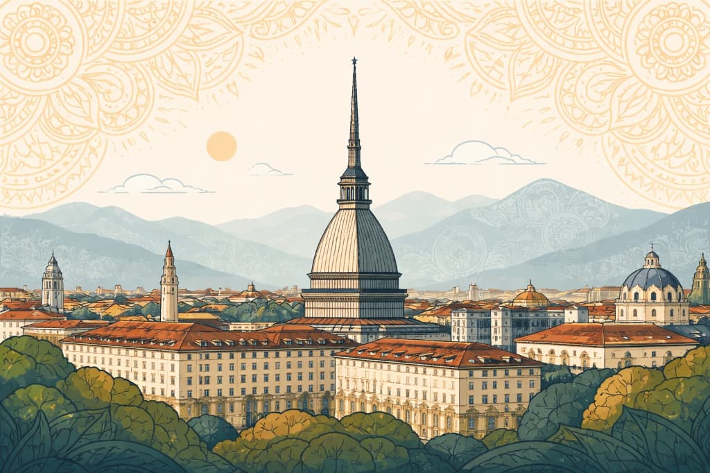 Turin skyline with Mole Antonelliana and Indian heritage patterns